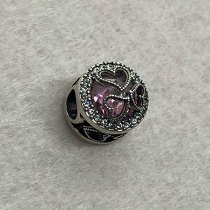 925 Sterling Silver & Pink Cz Centre Stone w Hearts & Clear Cz Accents Charm